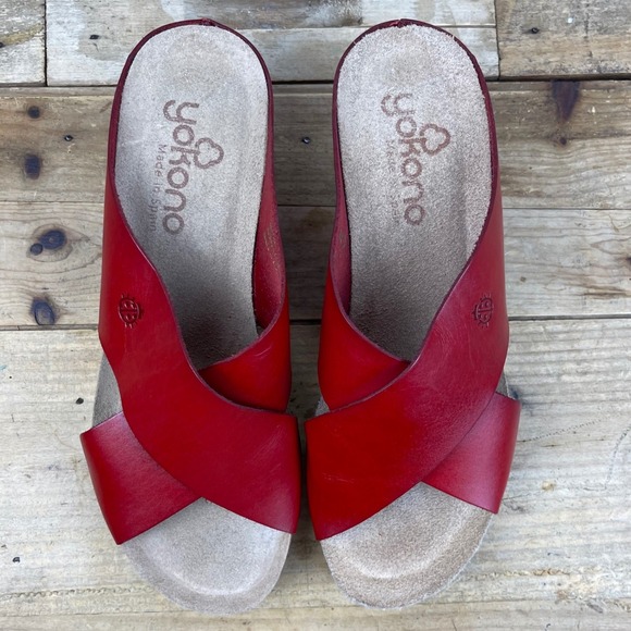 Yokono - Cross Band Leather Wedge Sandals - Red - Made in Spain - Women's 7.5 - Picture 5 of 16